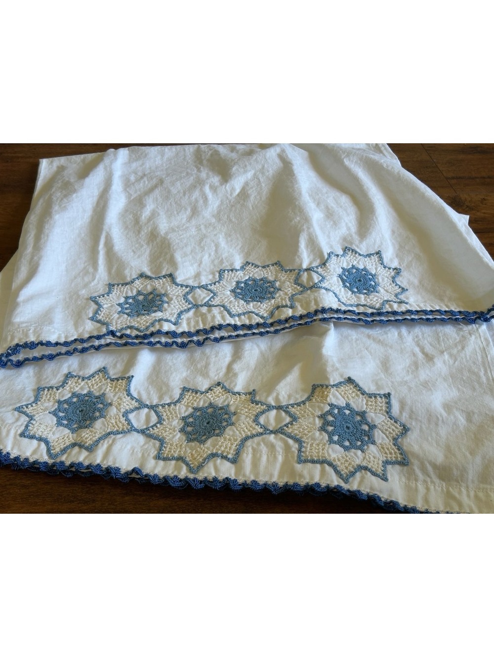 Handmade White Cotton Pillow Cover with Blue Crochet Detail
